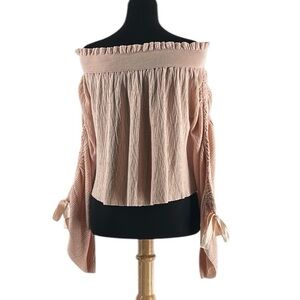 Free people top light pink off the shoulder bow detail flowy sleeves sz xs